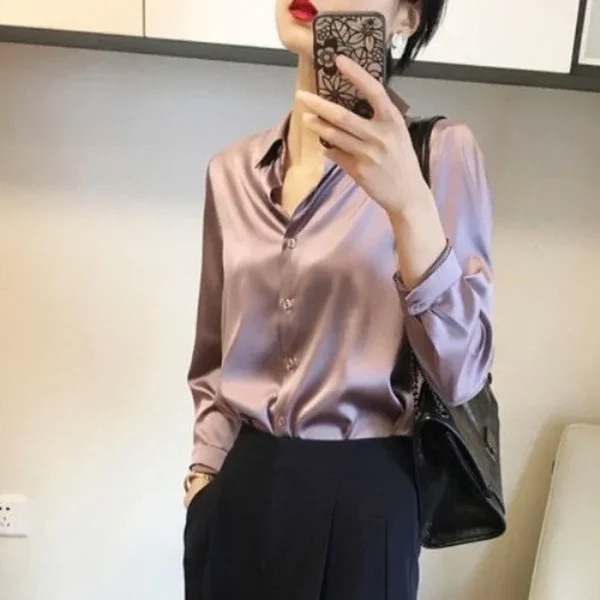 Silk Brown Clothes Wear To Work Office Outfits Long Sleeve Purple Spring Formal Tops for Women Satin Womens Shirt & Blouse Cool - Image 2