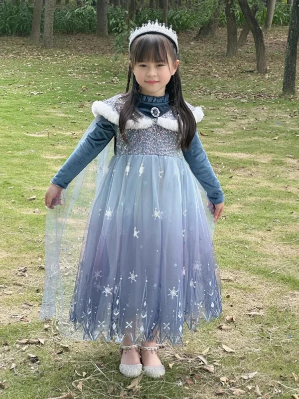 Girls' Spring 2025 New Velvet Elsa Frozen Princess Dress Kids Blue Cape 2 Piece Set Warm Dresses For Girl Party 3-9 Years Old ﻿ - Image 5