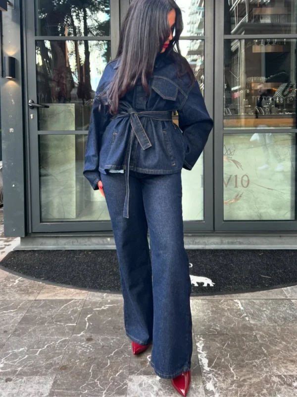 Spring Denim Belt Women Jacket Set Fashion Lace Up Single Breasted Lady Coat Sets 2025 High Waist Straight Female Pant Suit - Image 2