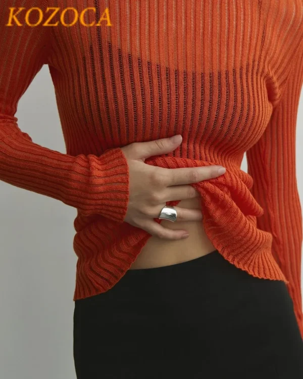 Kozoca Fashion White Elegant Striped See Through Women Tops Outfits Long Sleeve T-Shirts Tees Skinny Club Party Chic Clothes - Image 3