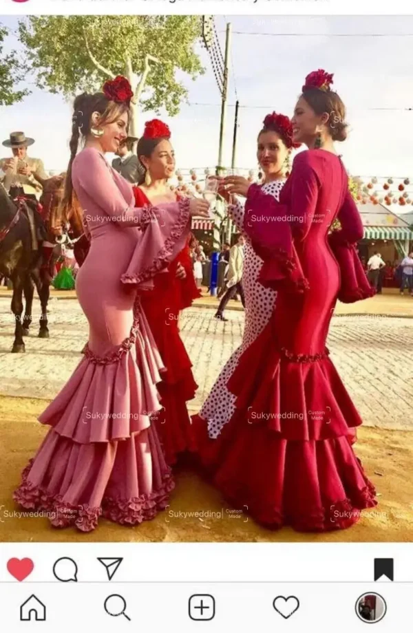 Sexy Mermaid Prom Dresses Red Flamenco V neck Women Tiered Long Sleeves Evening Formal Party Wear vestido de flamenca Customized - Image 4