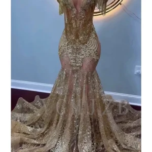 Glittle Gold Long Prom Dresses 2025 Luxury Off Shoulder Bead Rhinestones Tassels Formal Party Gala Graduation Gowns Customized