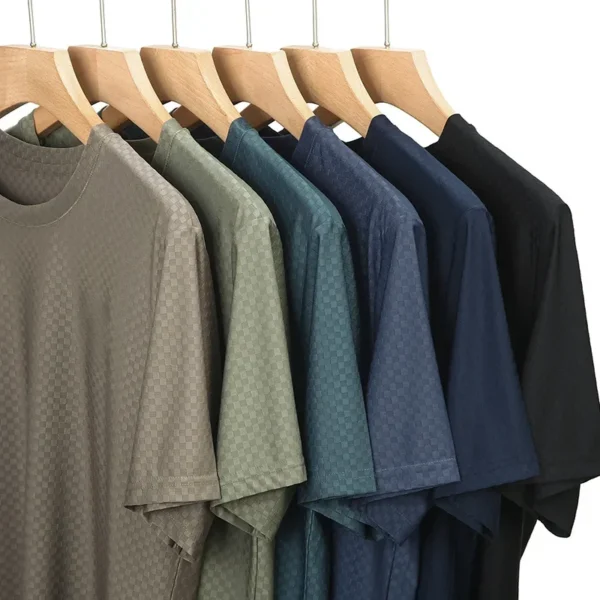 Breathable Bamboo Ice Silk T-Shirt Loose Cool Plaid Men's Short Sleeve Round Neck Outdoor Top Summer Soft Sweat-Absorbing Tee