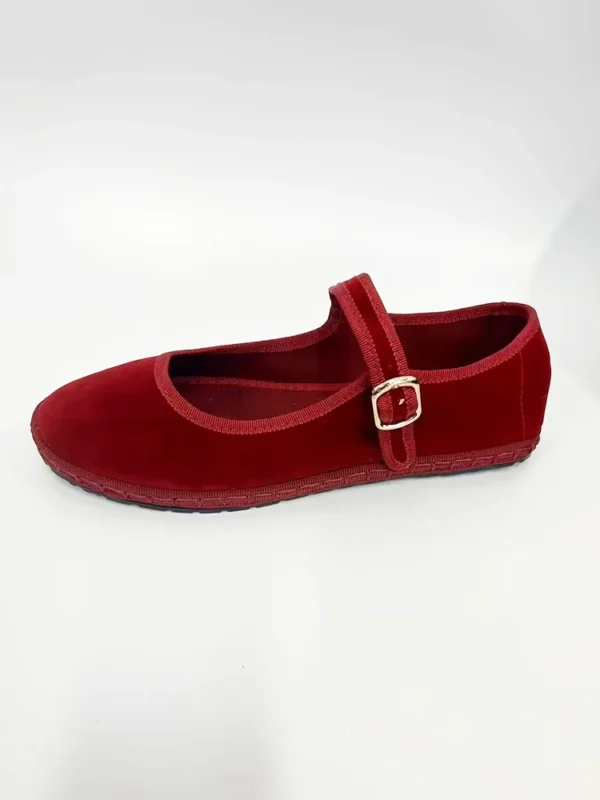 Velvet Mary Jane Shoes for Women Hand Stitch Casual Streetwear Ballet Flats Pumps Female Solid Color Red Cloth Shoes Loafers - Image 3
