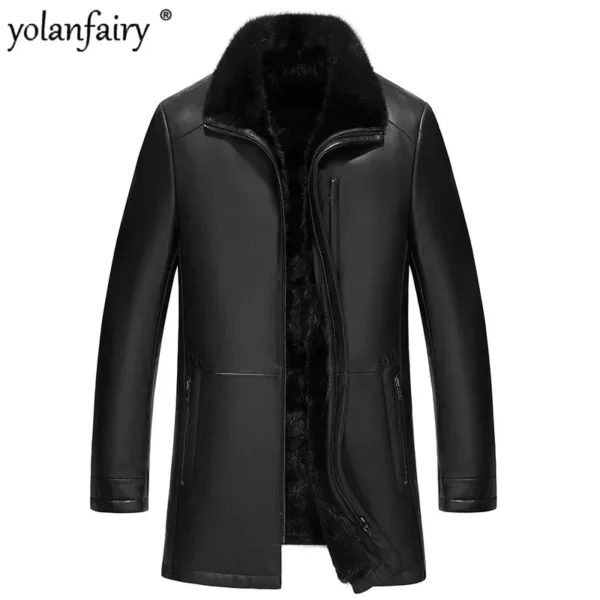Genuine Leather Jacket for Men, Sheepskin Mink Fur Liner, Slim Wear Mid-Lapel Coat - Image 5