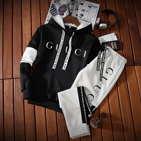Men’s Tracksuit High-Quality Fashion Hooded Sweatshirt Sweatpants Casual Trend Print Pullover Classic Black White Jogging Clothes - Image 4