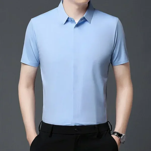 Luxury Mulberry Silk Dress Shirts for Men, engineered with wrinkle-resistant fabric and an invisible button design for a polished, high-end appearance. A true statement of refined fashion. - Image 5