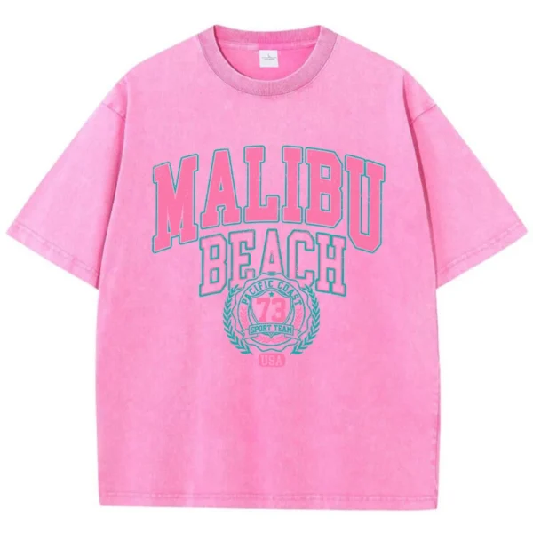 Malibu Beach Washed T-Shirt Women Letter Printing Cotton T Shirt Comfortable Crewneck Tops Casual Oversized Tees Female Clothes - Image 3