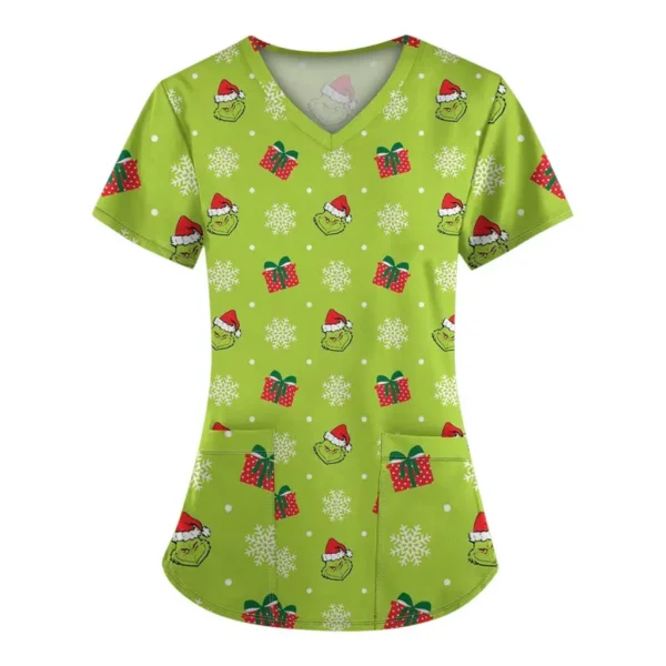 Women's Work Uniforms Christmas Anime Print Cartoon V-neck Tops Nurse Work Clothes Medical Uniforms - Image 5