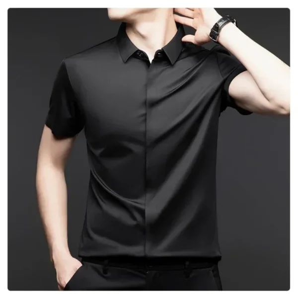 Luxury Mulberry Silk Dress Shirts for Men, engineered with wrinkle-resistant fabric and an invisible button design for a polished, high-end appearance. A true statement of refined fashion. - Image 3