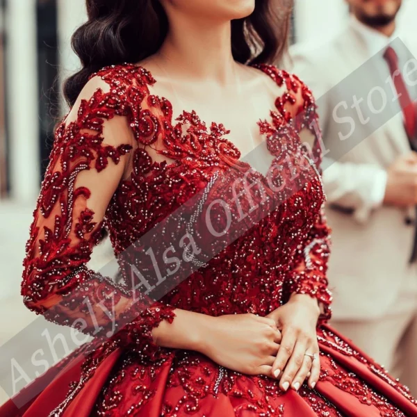 Customized Burgundy Long Sleeve Prom Dresses Beading Applique Satin Puffy Skirt Women Party Formal Wear Sweet 15 Quinceanera 16 - Image 2