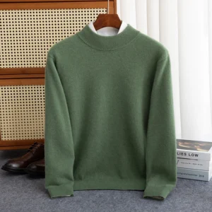 New Fashion Men’s 100% Wool Pullover Half-High Collar Sweater Autumn Winter Warm Solid Color Knit Sweater Business Casual Top