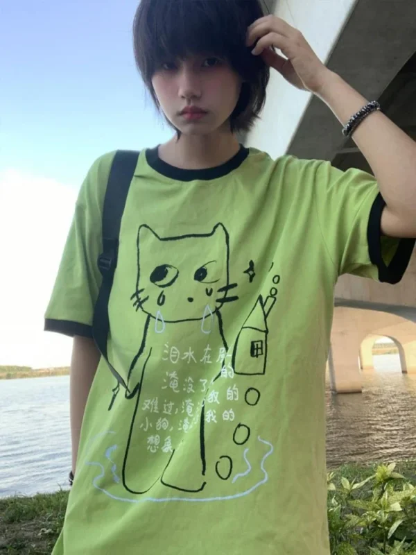 Y2k Aesthetics T-shirt Women Japanese Harajuku Grunge Cartoon Print Tops E-girl Fairycore Contrast Color Cute Graphic T Shirt - Image 3