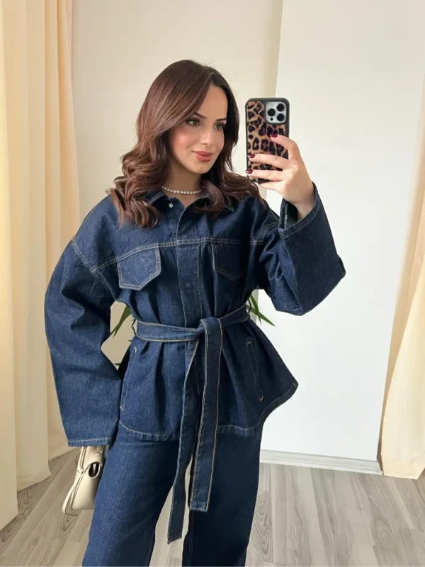 Spring Denim Belt Women Jacket Set Fashion Lace Up Single Breasted Lady Coat Sets 2025 High Waist Straight Female Pant Suit - Image 4