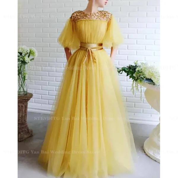 Fashion Sweet Yellow Tulle Prom Dresses For Women Chic O-Neck Beaded Floor Length Ball Gown Formal Evening Party Red Carpet Wear