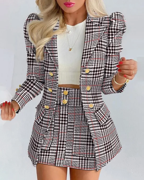 Sets for Women 2 Pieces 2024 Spring Plaid Print Notched Neck Long Sleeve Blazer & Elegant High Waist Mini Skirt Set Office Lady