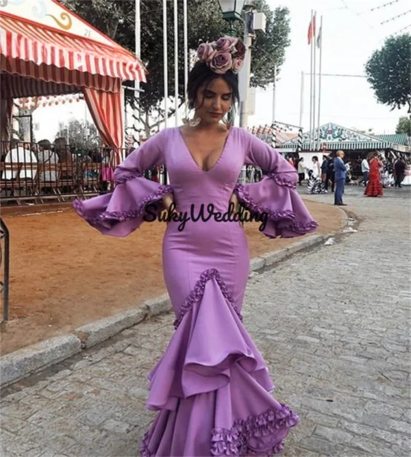 Sexy Mermaid Prom Dresses Red Flamenco V neck Women Tiered Long Sleeves Evening Formal Party Wear vestido de flamenca Customized - Image 2