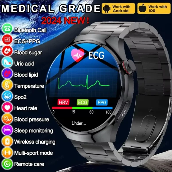 2024 Medical Grade Smartwatch – Blood Sugar, Lipid, Uric Acid Monitoring, ECG+PPG, Body Temperature, Bluetooth Call, Health Tracker