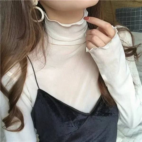 High Neck Sheer Mesh Top Women Clothing Long Sleeve Turtleneck T-shirt Korean Sexy See Through Black White Pink Purple Shirt New - Image 4