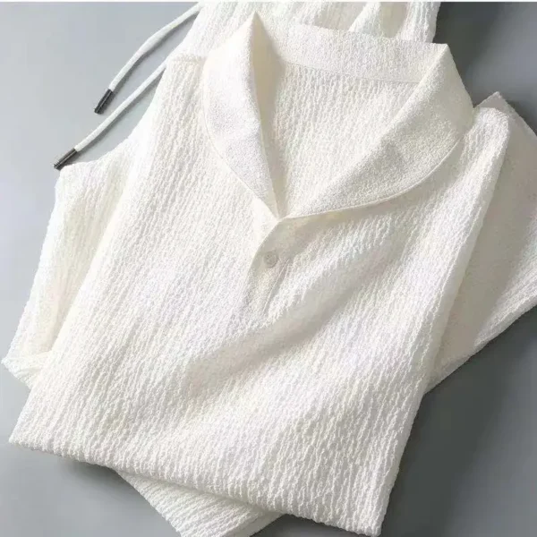 Trendy Summer Cotton Linen 2-Piece Set for Men, featuring a shawl collar white T-shirt and breathable matching pants for a relaxed yet stylish vibe. - Image 2