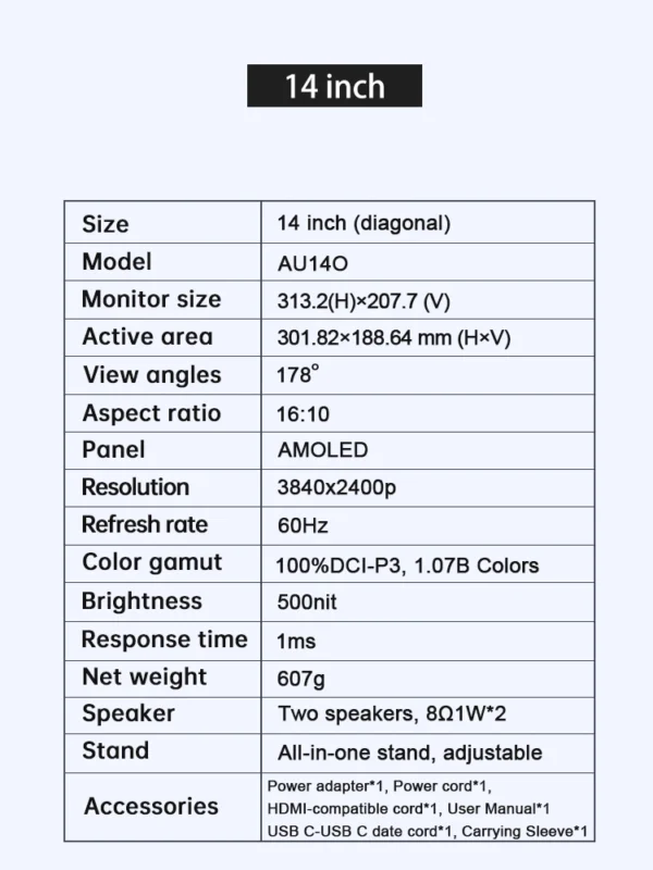 14'' 4K OLED Portable Monitor 16:10 3840*2400p 500Nits USB-C HDMI-Compatible External Gaming Monitor for PS5 Switch Laptop MacOS - Image 5