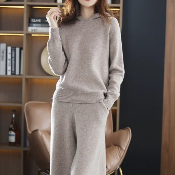 100% Cashmere Wool Set 22 New Women's Long Sleeve Hooded Sweater Casual Loose Knitted Long Wide Leg Pants Women's Pure Wool sui - Image 4
