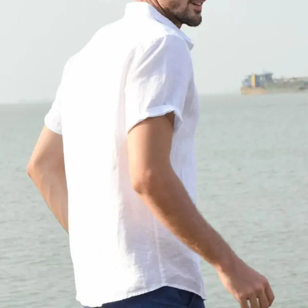 Classic Summer Cotton Linen Shirt for Men, a lightweight, short-sleeved button-up with a turn-down collar, perfect for casual or beachwear. - Image 2