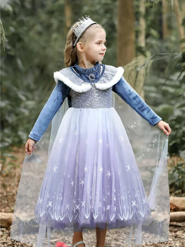 Girls' Spring 2025 New Velvet Elsa Frozen Princess Dress Kids Blue Cape 2 Piece Set Warm Dresses For Girl Party 3-9 Years Old ﻿ - Image 3