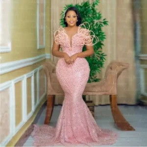 Customized Gorgeous Pink Evening Dresses Sequins Beading Mermaid Plus Size Women Formal Wedding Prom Gowns African Pearls Aso Eb
