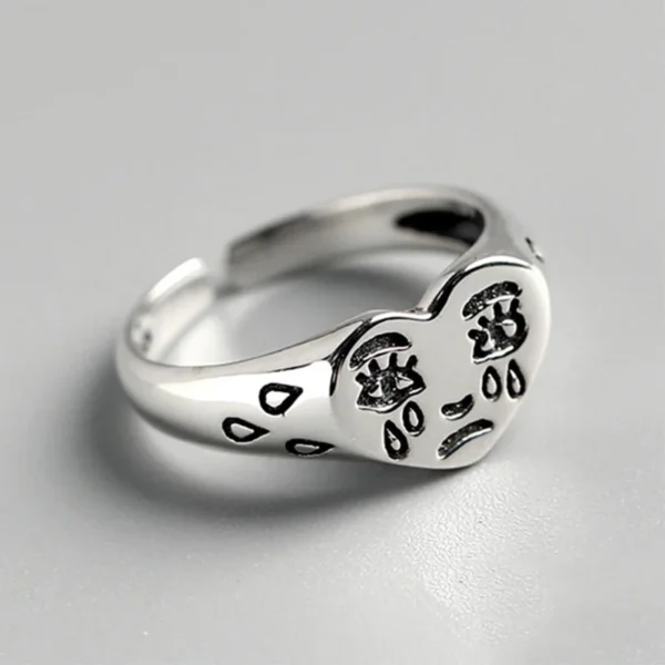 Retro Heart Shape Crying Face Ring For Men Women Silver Color Punk Gothic Open Ring Handmade Unisex Designer Jewelry Accessories