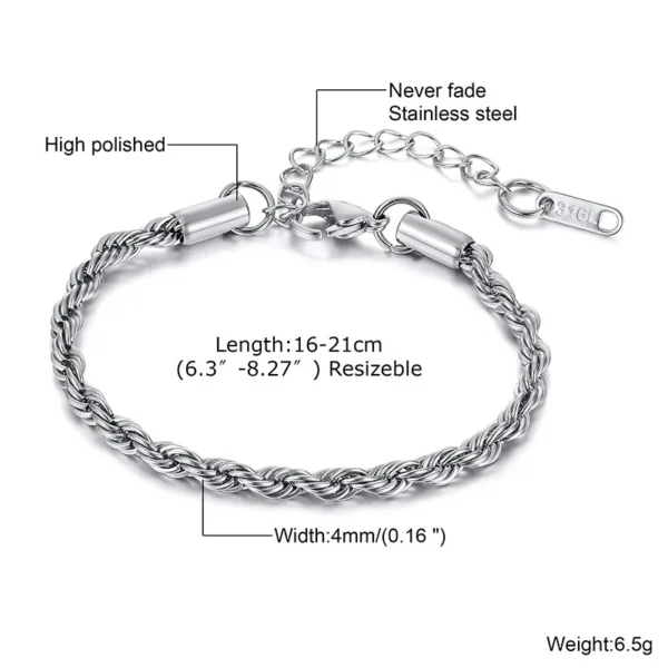 Vnox Unisex Rope Chain Bracelets for Men Women, Stainless Steel Twisted Links Chain Bracelet,Simple Classic Jewelry Gift for Him - Image 6