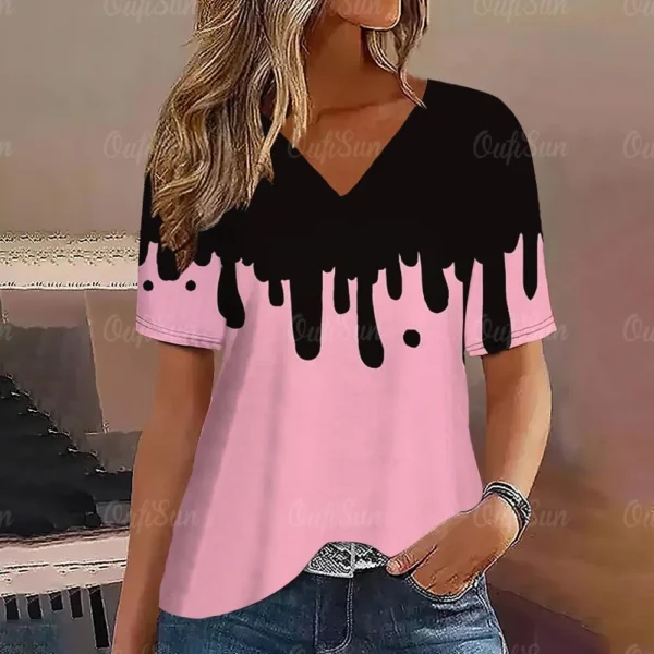 Gradient V Neck Short Sleeve T-Shirt Fashion Women T Shirt Print Basic Tops Streetwear Summer Oversized Clothing Female T-Shirts - Image 4