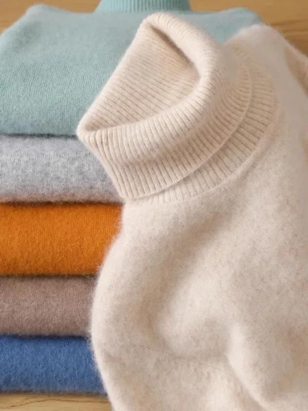 Men’s 100% Pure Mink Velvet Cashmere Sweater, High Lapels Pullovers Knitted Winter Tops Long Sleeve Premium Jumpers