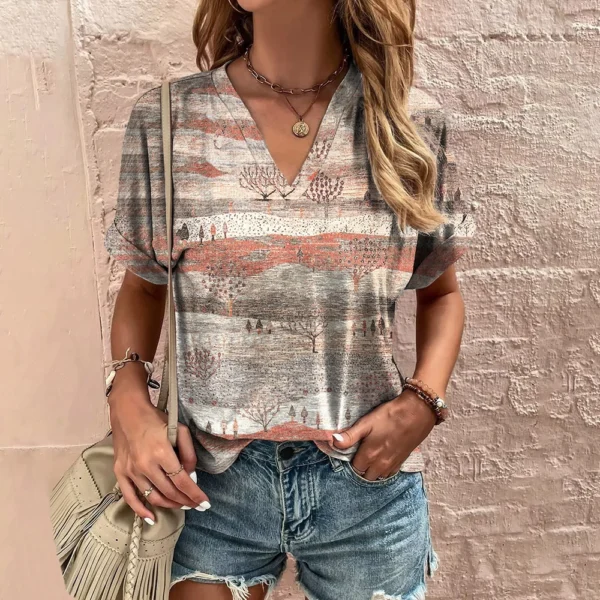 Retro Women's T-Shirt Summer V-Neck Short Sleeve Tee Casual Harajuku Stripe Print T Shirt for Women Streetwear Pullover Tops New - Image 2