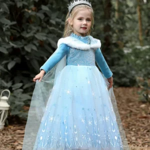 Girls' Spring 2025 New Velvet Elsa Frozen Princess Dress Kids Blue Cape 2 Piece Set Warm Dresses For Girl Party 3-9 Years Old ﻿