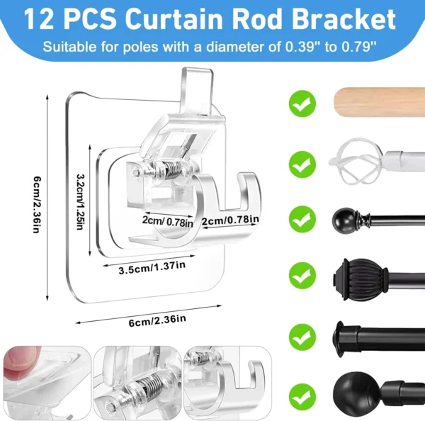 Nail-Free Curtain Clamp Rods Clips Hook Self Adhesive Rail Hooks Adjustable Shower Household Storage Hanging Stick Rack Holder - Image 3