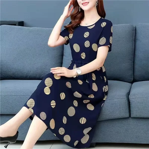 Elegant Medium-length Slimming Dress For Women Summer Plus Sizes Short Sleeves Printing Waist-fitted Slims Smooths Silhouette - Image 3