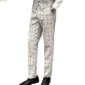 Off-White Men's Plaid Trousers, Fashion Slim Suit Pants, Office Casual Striped Pant, Asian Size 29-38, Gray,Black,Blue Available