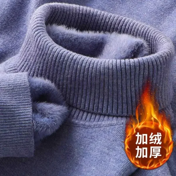Autumn Winter Men's Turtleneck Sweater Knitted Velvet Warm Long Sleeve Pullover Outdoor Cold-proof Casual Blouse Base Sweater - Image 2