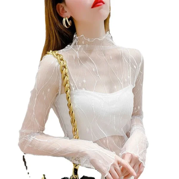 Elegant Lace T-shirt For Women Mesh Long Sleeve Tops Hot Sexy Transparent High Neck Black Lace Bottoming Shirts Punk Tee Tops - Image 2