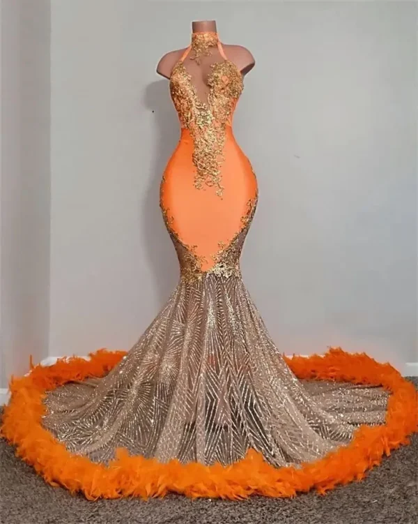 Orange Sparkly Prom Dresses 2025 Black Girl Luxury Mermaid Halter Gold Beads Feather Formal Evening Party Gala Gowns Graduation