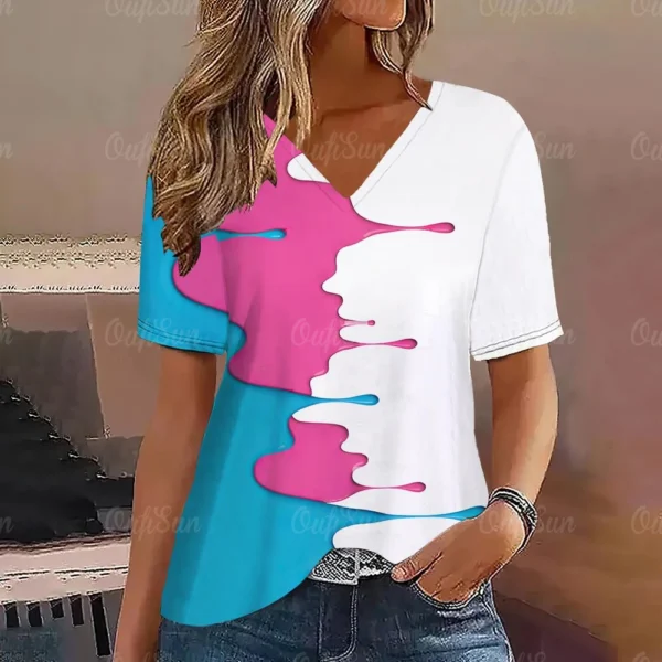 Gradient V Neck Short Sleeve T-Shirt Fashion Women T Shirt Print Basic Tops Streetwear Summer Oversized Clothing Female T-Shirts - Image 5