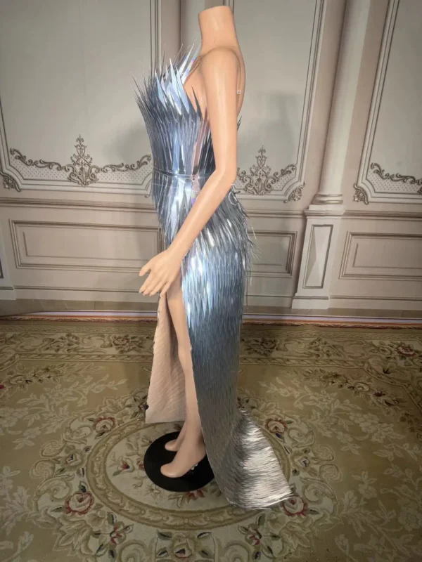 ZD Sexy Evening Dresses for Women Silver Sequin Deep V Neck Mermaid Evening Gowns Long Bead Halter High Side Slit Luxury Party D - Image 4