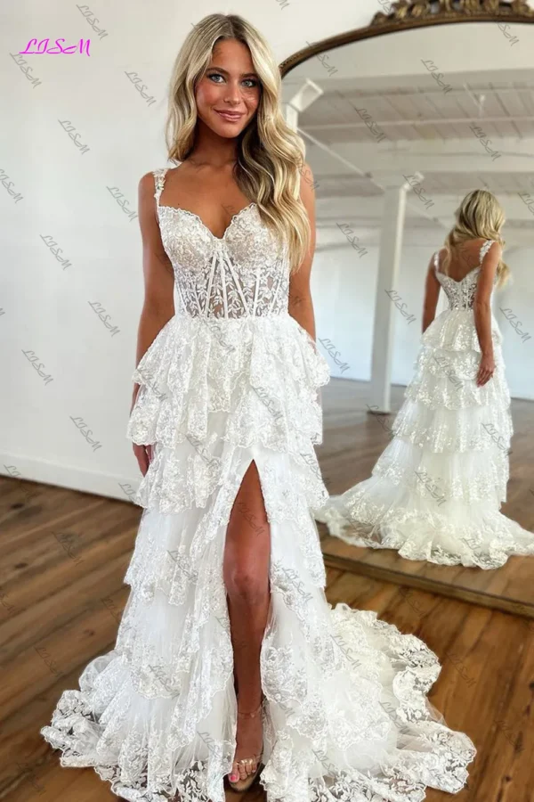 Light Blue Lace Tiered Long Prom Dress with Slit Sweetheart Sleeveless Tulle Evening Dresses Sparkling A-Line Formal Party Gowns - Image 5