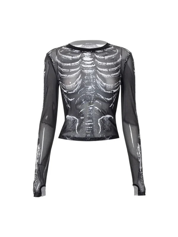 Gothic Punk Shirt 2000s Women Skeleton Pattern Round Neck Long Sleeve Crop Top Black Dark Academia Clothes y2k Tees Streetwear - Image 6