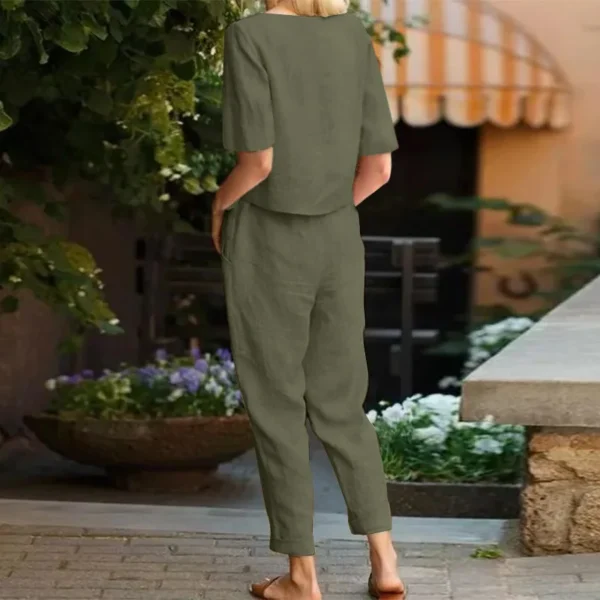 Women's Cotton Linen Suit Summer Matching Suit Half-sleeved Round Neck Tie Elastic Waist Trousers Wide-leg Pants Retro Suit 2024 - Image 6