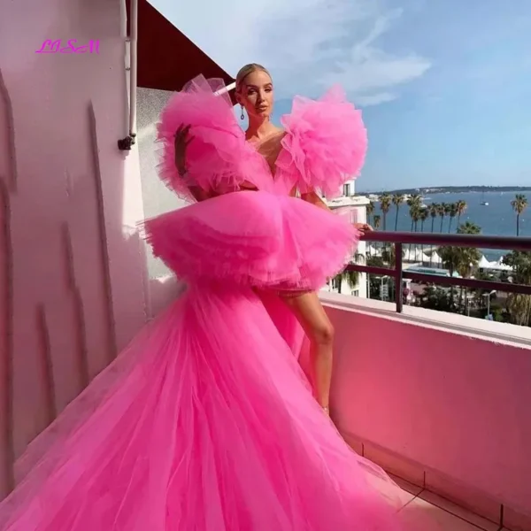 Deep V-Neck Pink Prom Dresses High Low Backless Sexy Pageant Dress Tiered Tulle Long Formal Evening Party Gowns