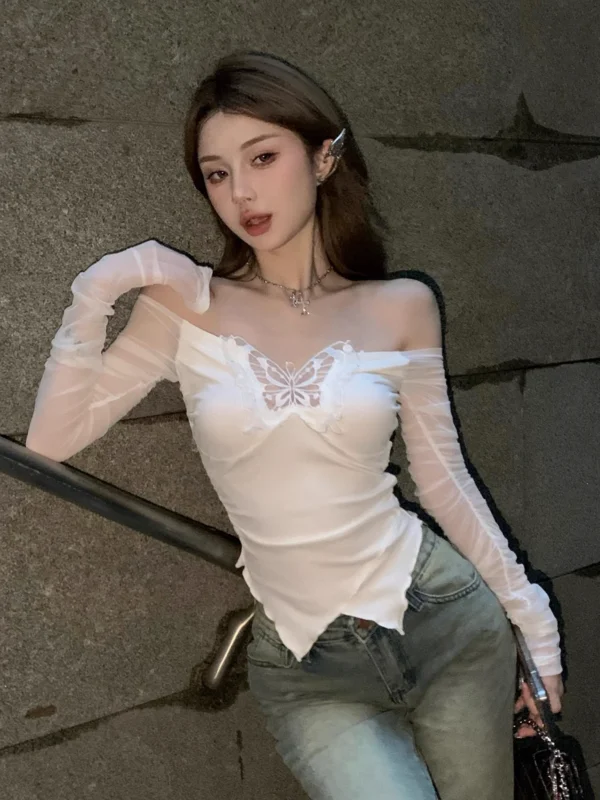 Deeptown Korean Style Off Shoulder T-Shirts Women Aesthetic Butterfly Cropped Mesh Tops Sexy Coquette Y2k Kpop Long Sleeve Tees - Image 3