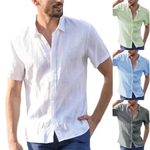Classic Summer Cotton Linen Shirt for Men, a lightweight, short-sleeved button-up with a turn-down collar, perfect for casual or beachwear.