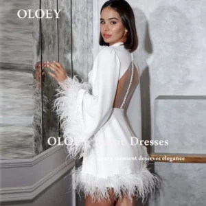 OLOEY Sexy High Neck Short Prom Cocktail Dresses Luxury Feathers Mini Evening Gowns Customized Women 2025 Formal Gowns